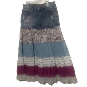 Vtg Candies Boho Y2K Skirt Denim Patchwork Ruffle Size 3 Fairy Whimsy